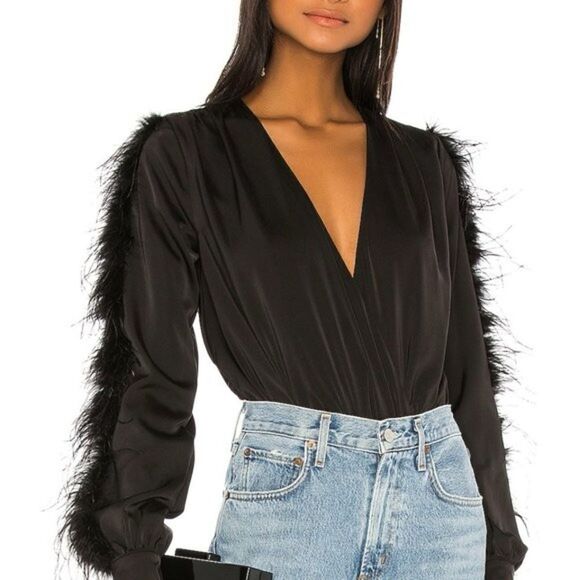 REVOLVE, NBD RAJAH BLACK FEATHER BODYSUIT - Picture 1 of 8
